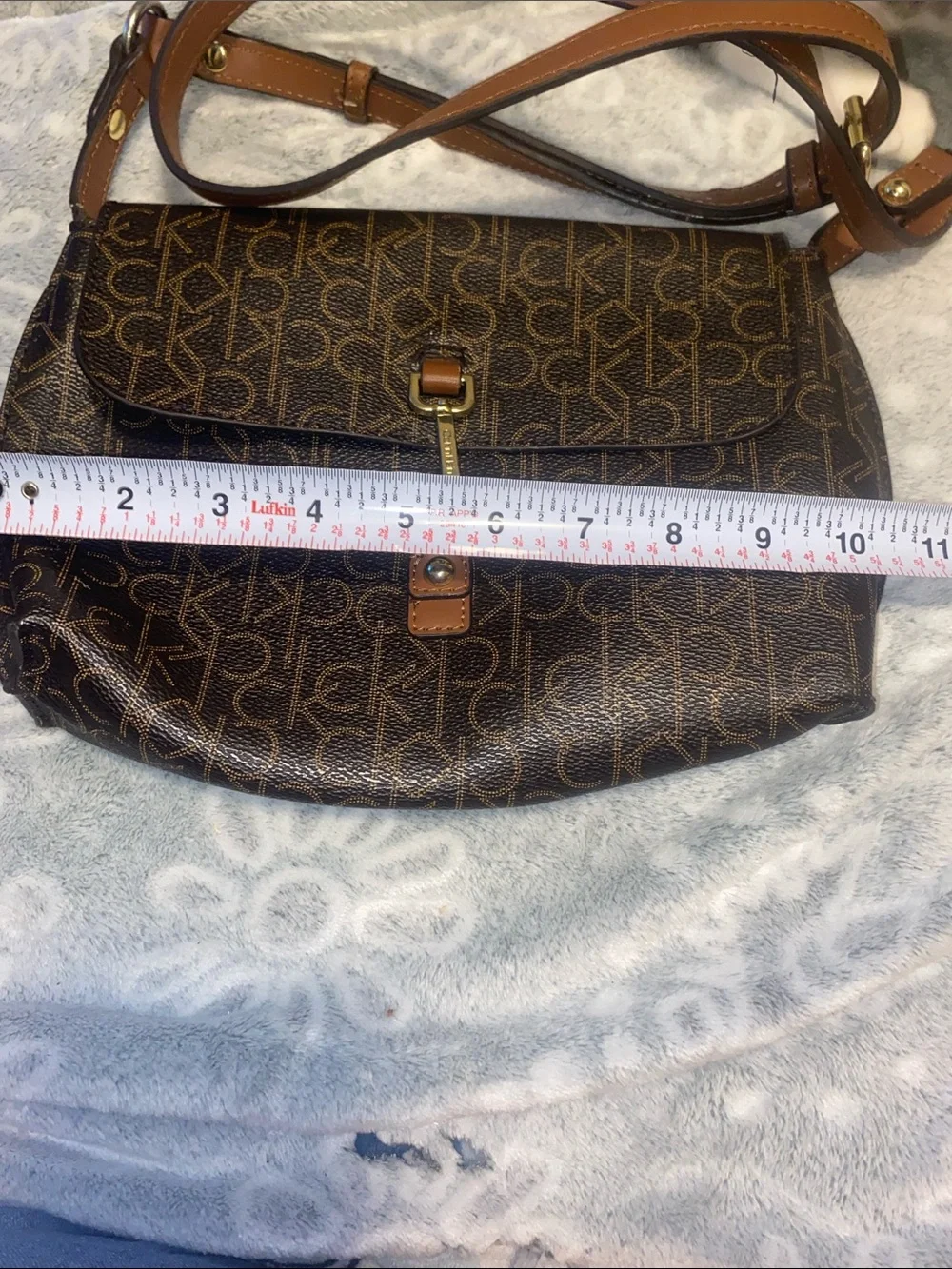 Calvin Klein Brown Monogram Crossbody Bag with Tan Leather Strap